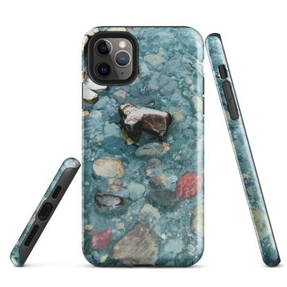 Washed Away designer phone case with abstract river stone artwork in earthy blues and natural tones.