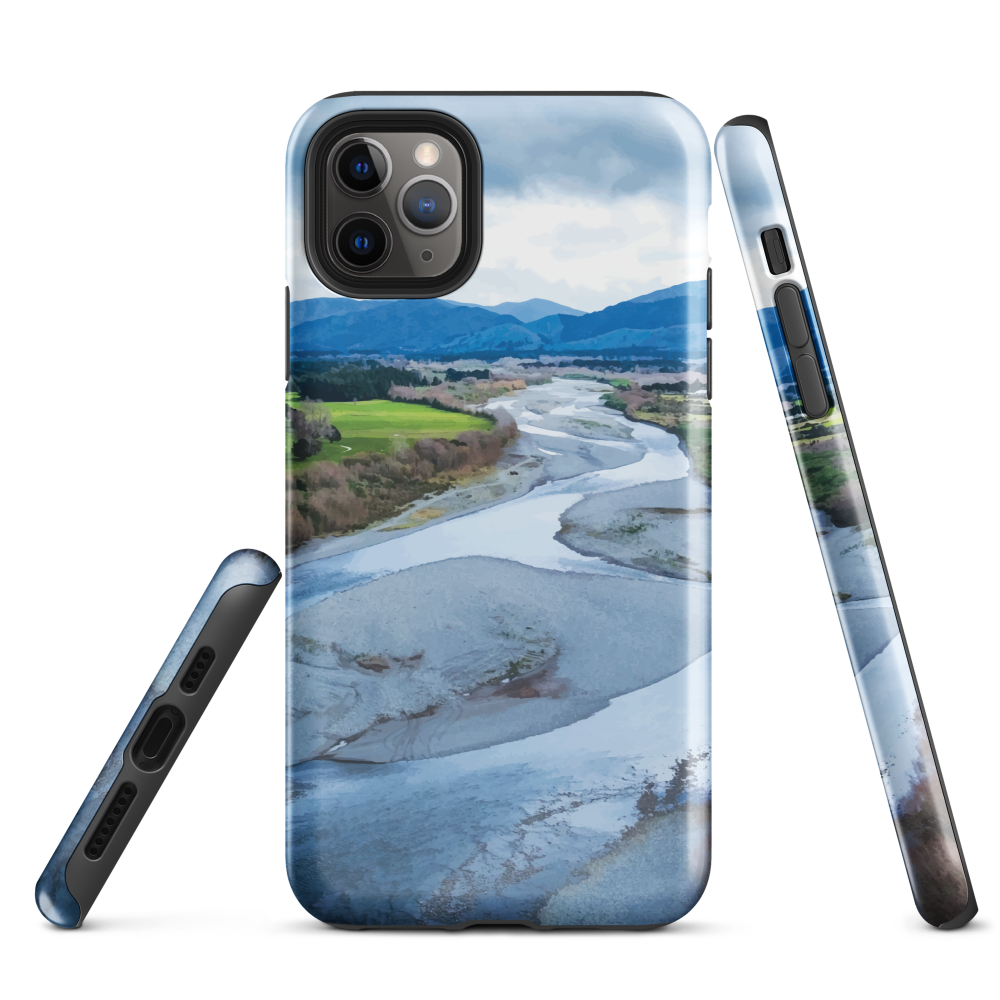 Waiohine phone case featuring artwork of New Zealand’s braided riverbed landscape in the Wairarapa.