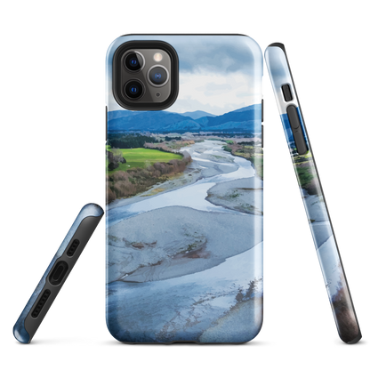 Waiohine phone case featuring artwork of New Zealand’s braided riverbed landscape in the Wairarapa.