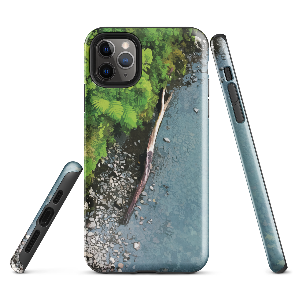 Resting Place phone case with aerial artwork of river rocks, green bush, and driftwood in a New Zealand stream.