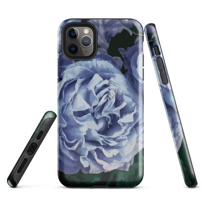 Designer phone case with a bold blue rose artwork and glossy finish.