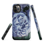 Designer phone case with a bold blue rose artwork and glossy finish.