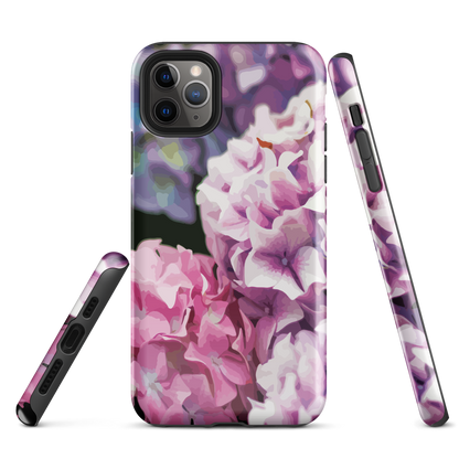 Designer phone case with pink and purple hydrangea floral artwork.