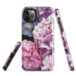 Designer phone case with pink and purple hydrangea floral artwork.