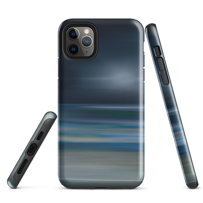 Dark abstract phone case with blue and grey streaks and glossy finish.