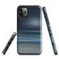 Dark abstract phone case with blue and grey streaks and glossy finish.