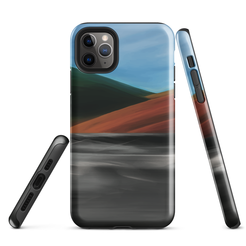 Phone case with abstract red, green, and blue heat wave landscape design.
