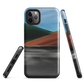Phone case with abstract red, green, and blue heat wave landscape design.