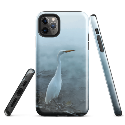 Phone case with a white heron standing in a misty wetland scene.