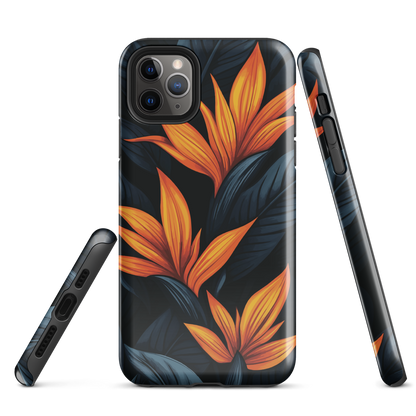 Phone case with bold orange bird of paradise flowers on dark background.