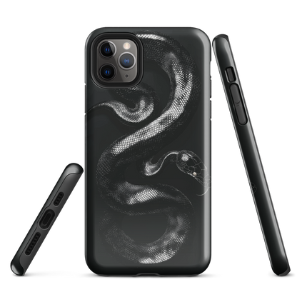 Phone case with detailed black python design on dark background.