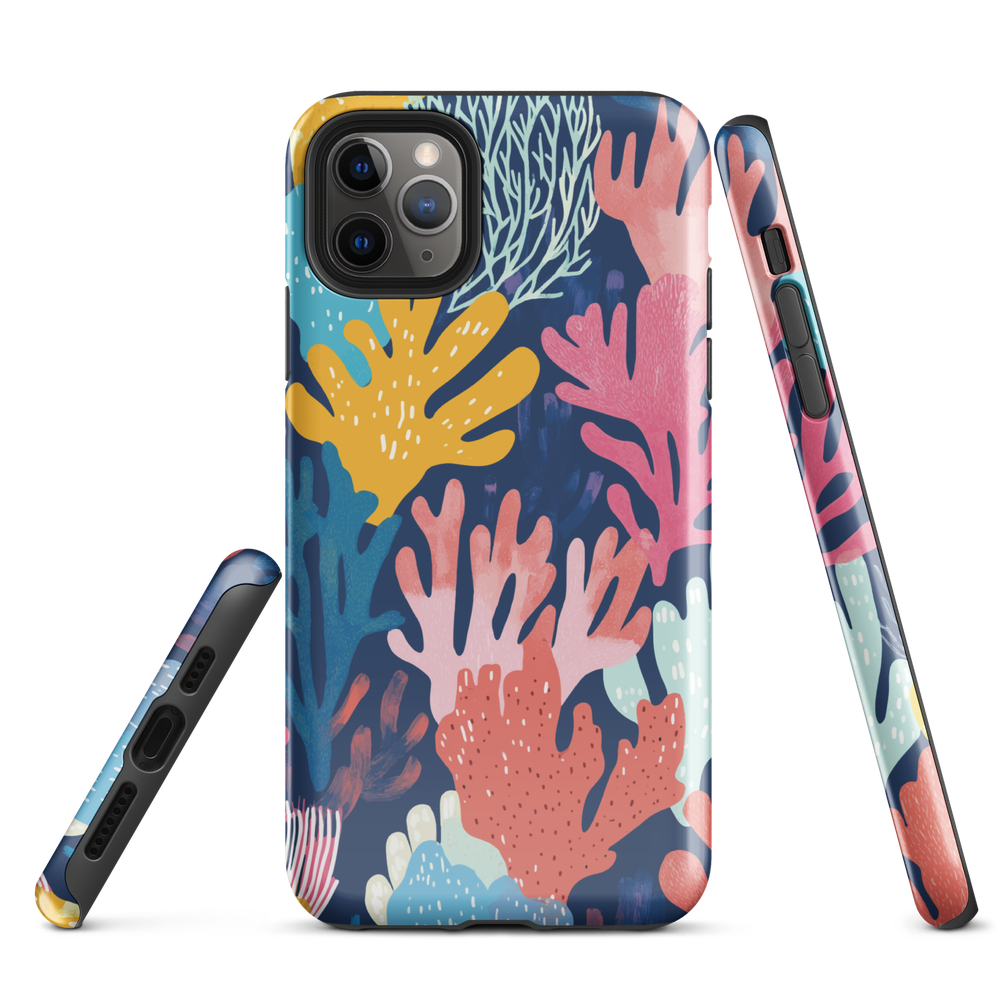 Colourful coral reef phone case design in pink, blue and yellow by NZ artist Ben Hart