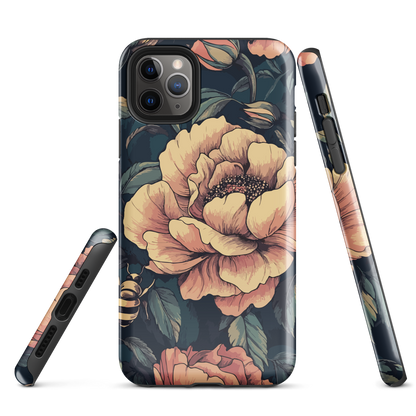 Phone case with vintage-style pink roses and bees on dark background, floral New Zealand artwork.