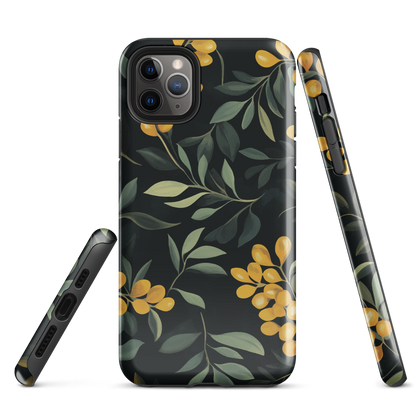 NZ Kowhai phone case with native yellow floral and green leaves on black background by designer Ben Hart.