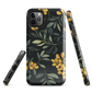 NZ Kowhai phone case with native yellow floral and green leaves on black background by designer Ben Hart.