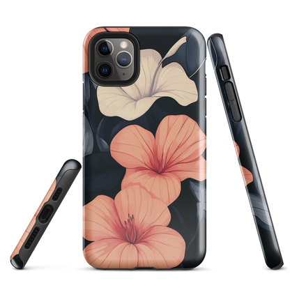 Phone case with coral hibiscus flowers and ivory blooms on dark background