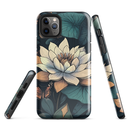 Phone case with ivory water lily, green leaves, and butterfly accents on dark background