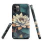 Phone case with ivory water lily, green leaves, and butterfly accents on dark background