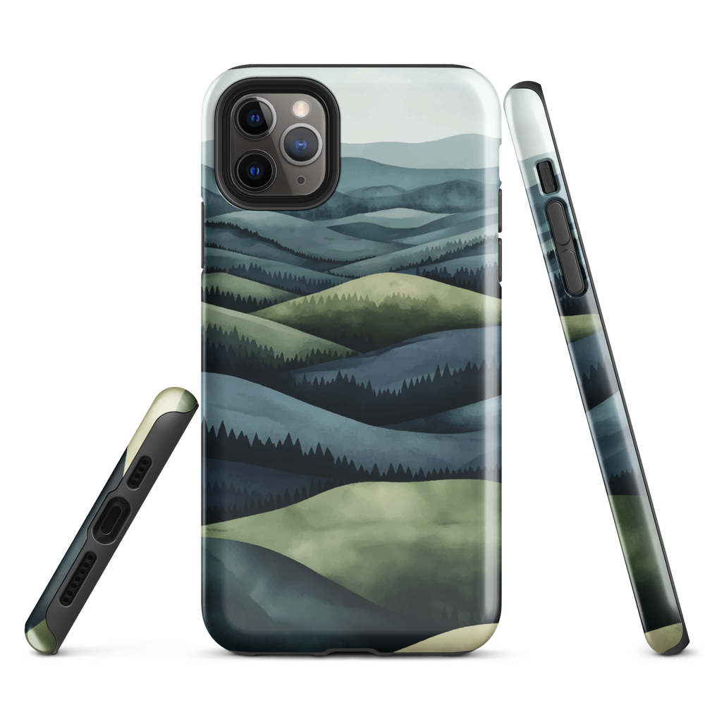 Phone case with layered mountain and forest landscape in blue and green hues