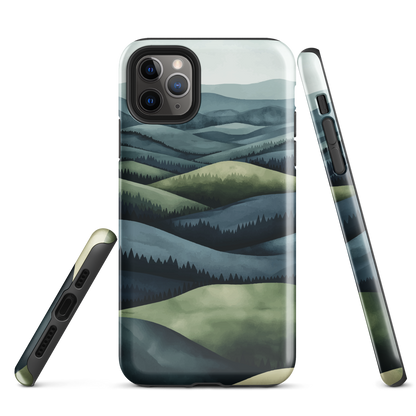 Phone case with layered mountain and forest landscape in blue and green hues