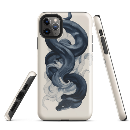Phone case with black python and smoke design on cream background