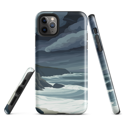 Phone case featuring moody Cape Kidnappers coastline with crashing waves and dark skies