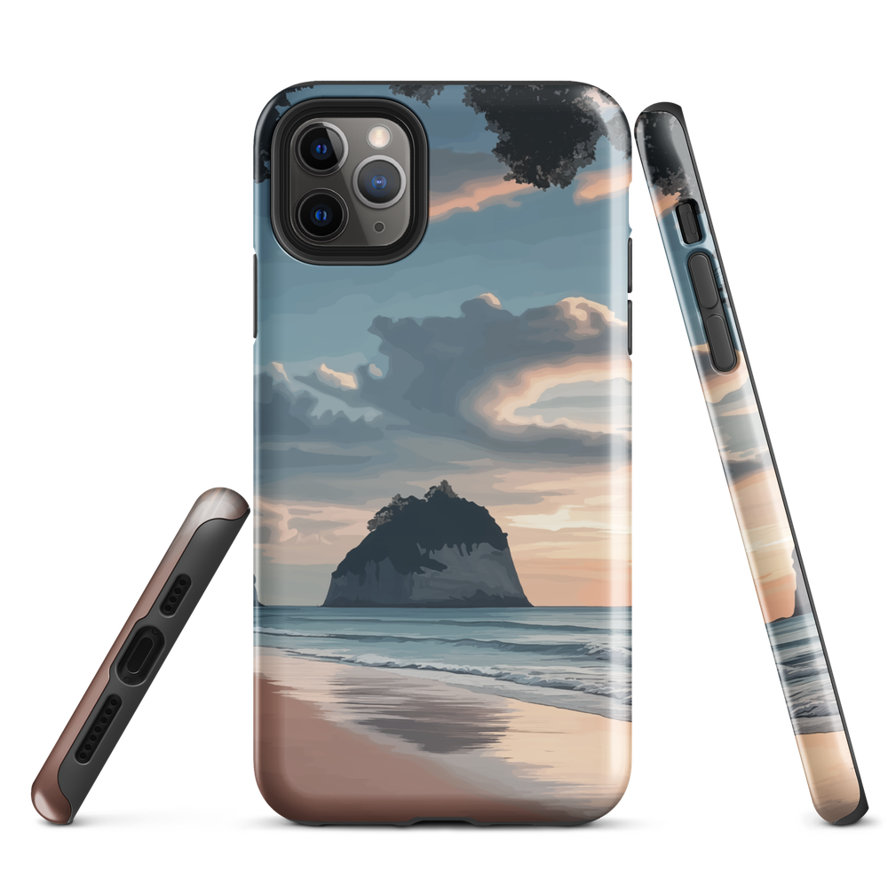 Phone case with Cathedral Cove beach and sunset scene, featuring soft skies and sea stack