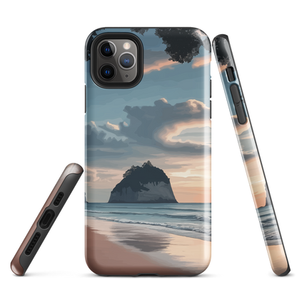 Phone case with Cathedral Cove beach and sunset scene, featuring soft skies and sea stack
