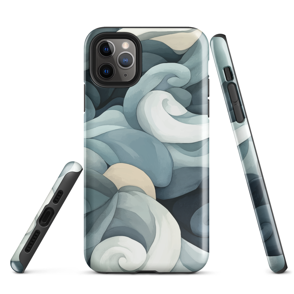 Phone case with abstract swirling ocean waves in blue and cream