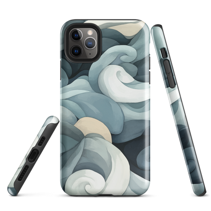 Phone case with abstract swirling ocean waves in blue and cream
