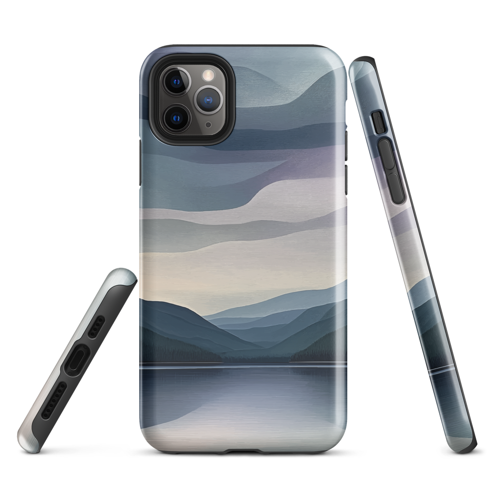 Phone case with moody blue and purple layered mountain and lake landscape artwork