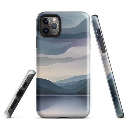 Phone case with moody blue and purple layered mountain and lake landscape artwork