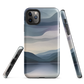 Phone case with moody blue and purple layered mountain and lake landscape artwork