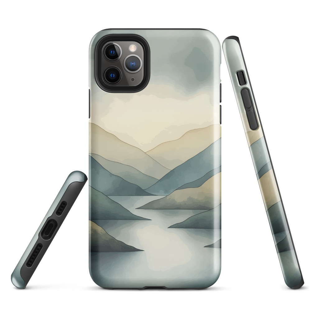 Phone case with soft mountain and valley design in misty green, blue, and golden tones