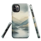 Phone case with soft mountain and valley design in misty green, blue, and golden tones