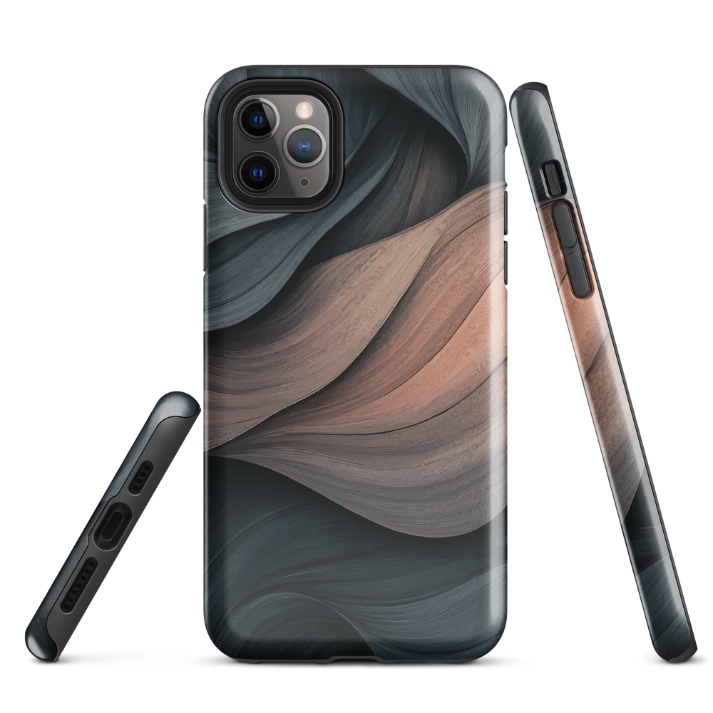 Phone case with flowing abstract design in black, copper and charcoal tones, inspired by dusk shadows