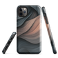 Phone case with flowing abstract design in black, copper and charcoal tones, inspired by dusk shadows