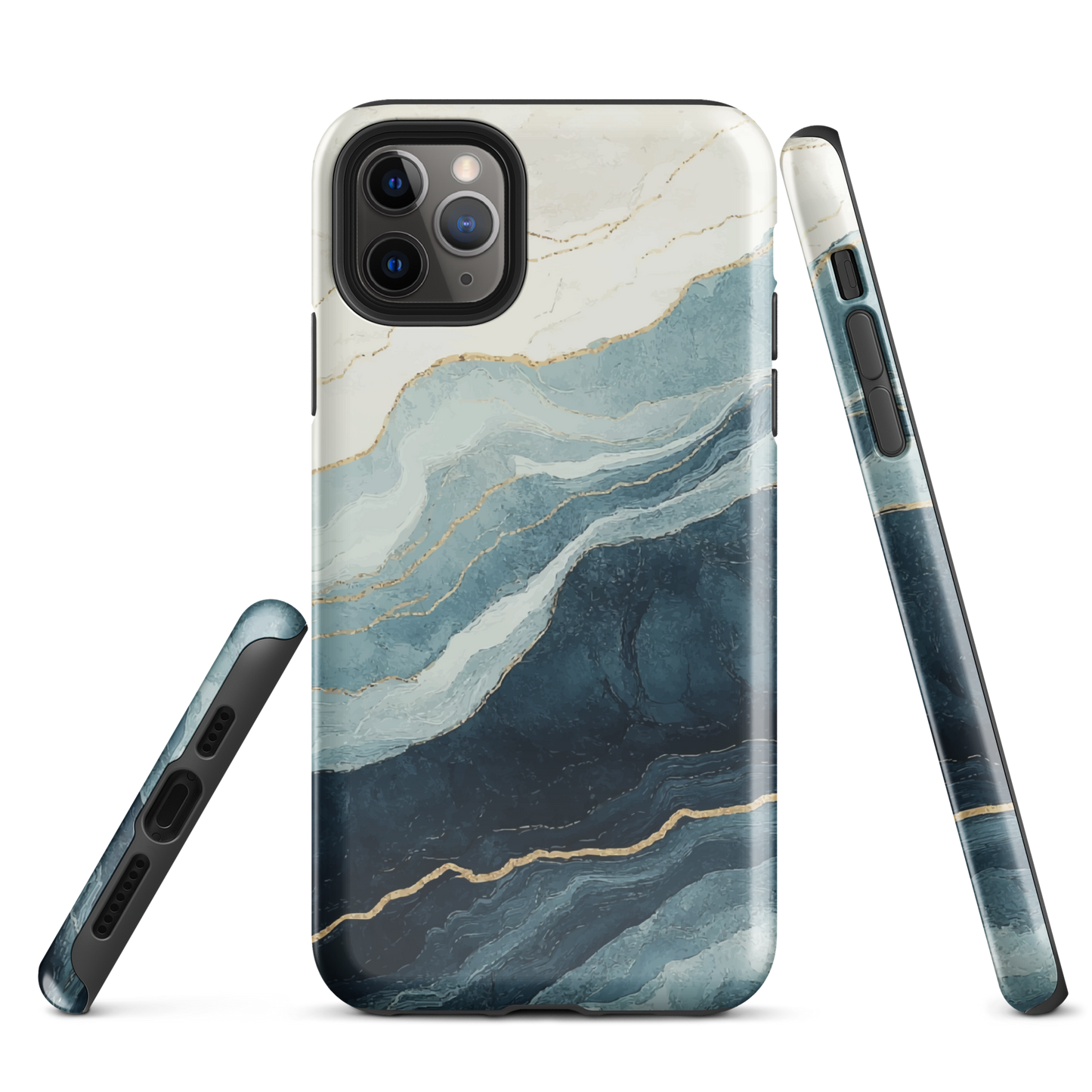 An elegant abstract phone case inspired by layered coastal forms in blue and teal tones.