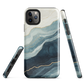 An elegant abstract phone case inspired by layered coastal forms in blue and teal tones.