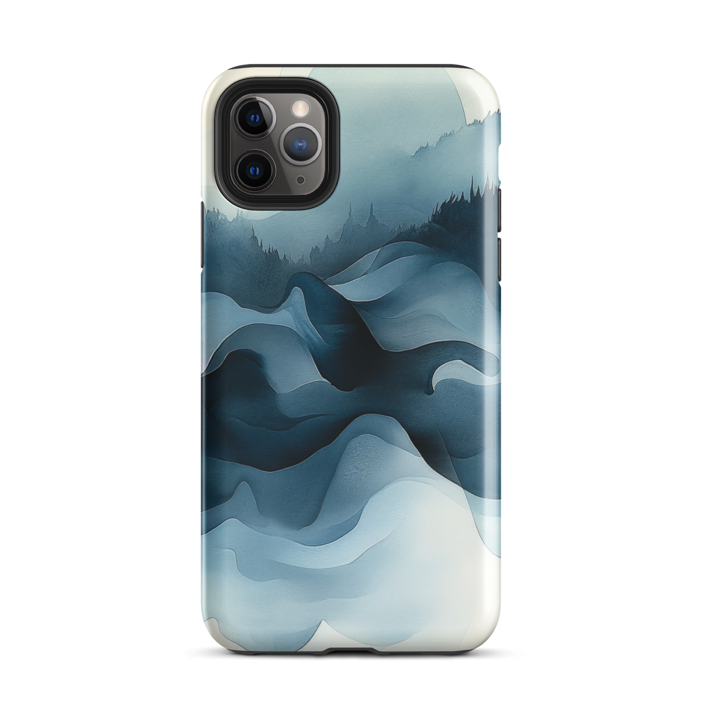 A calming abstract landscape protective phone case inspired by quiet valleys and soft blue tones.