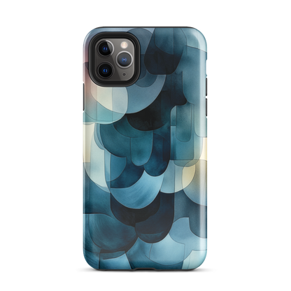 A modern abstract phone case featuring layered blue forms and soft flowing shapes.