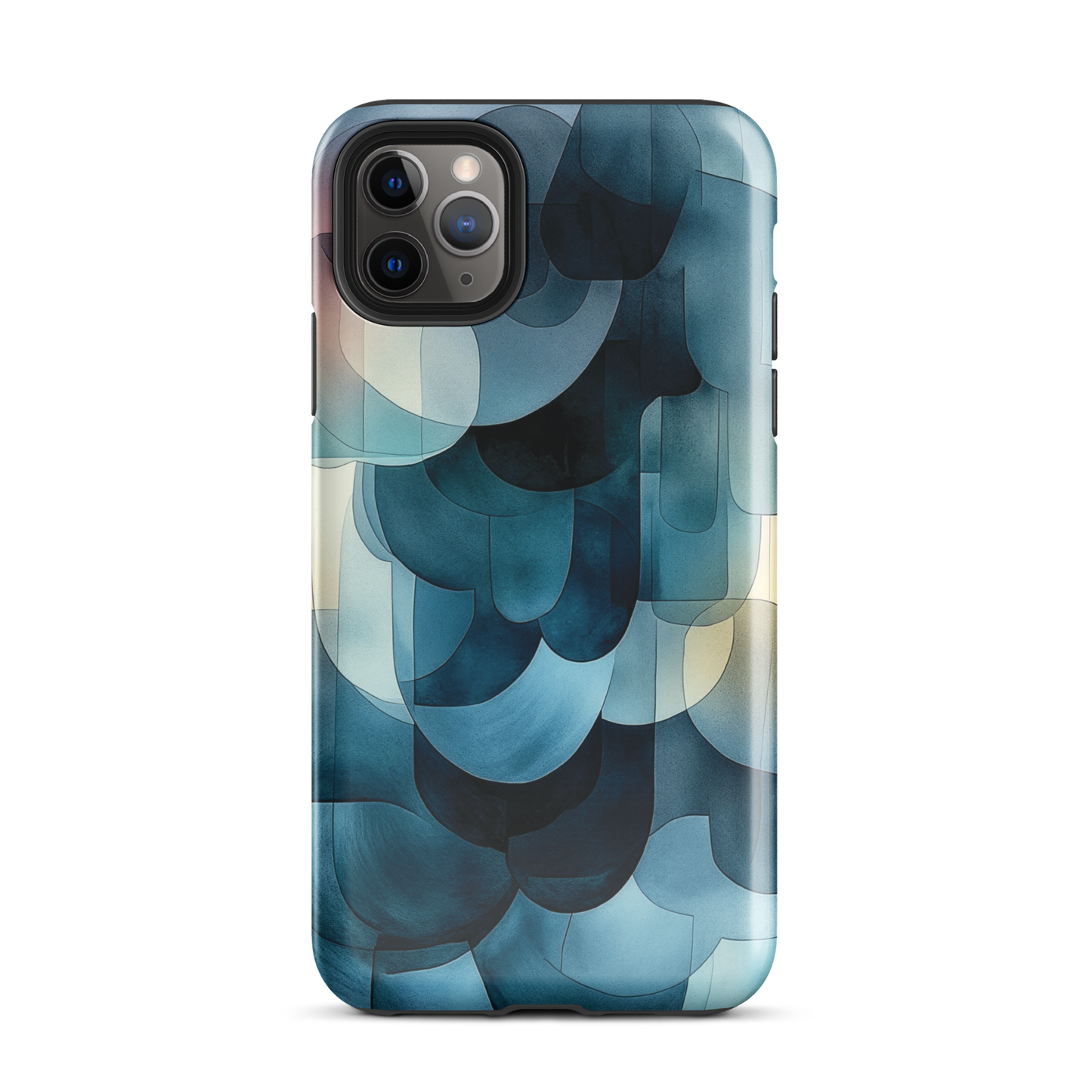A modern abstract phone case featuring layered blue forms and soft flowing shapes.