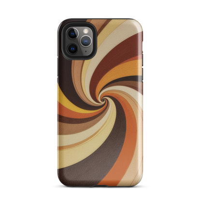 A retro-inspired phone case featuring warm swirling patterns in orange, yellow, and brown tones.