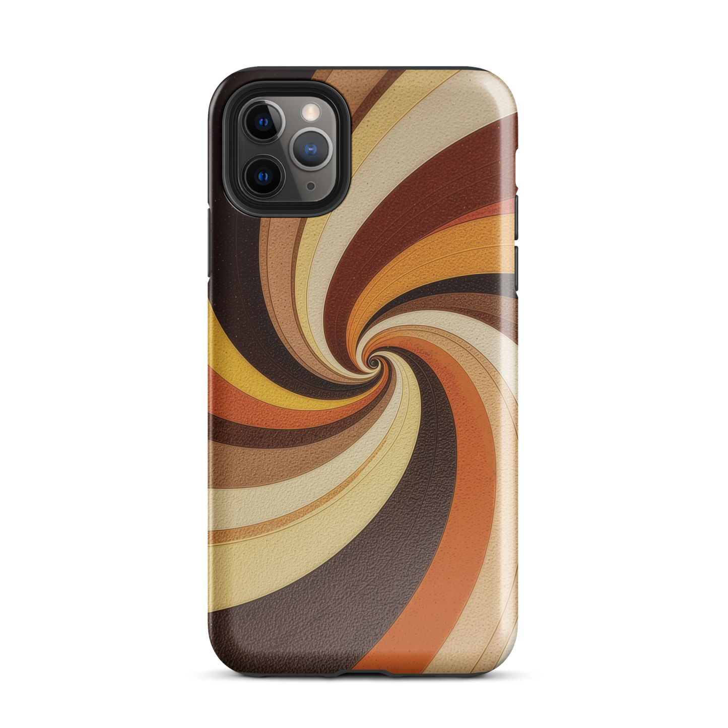 A retro-inspired phone case featuring warm swirling patterns in orange, yellow, and brown tones.