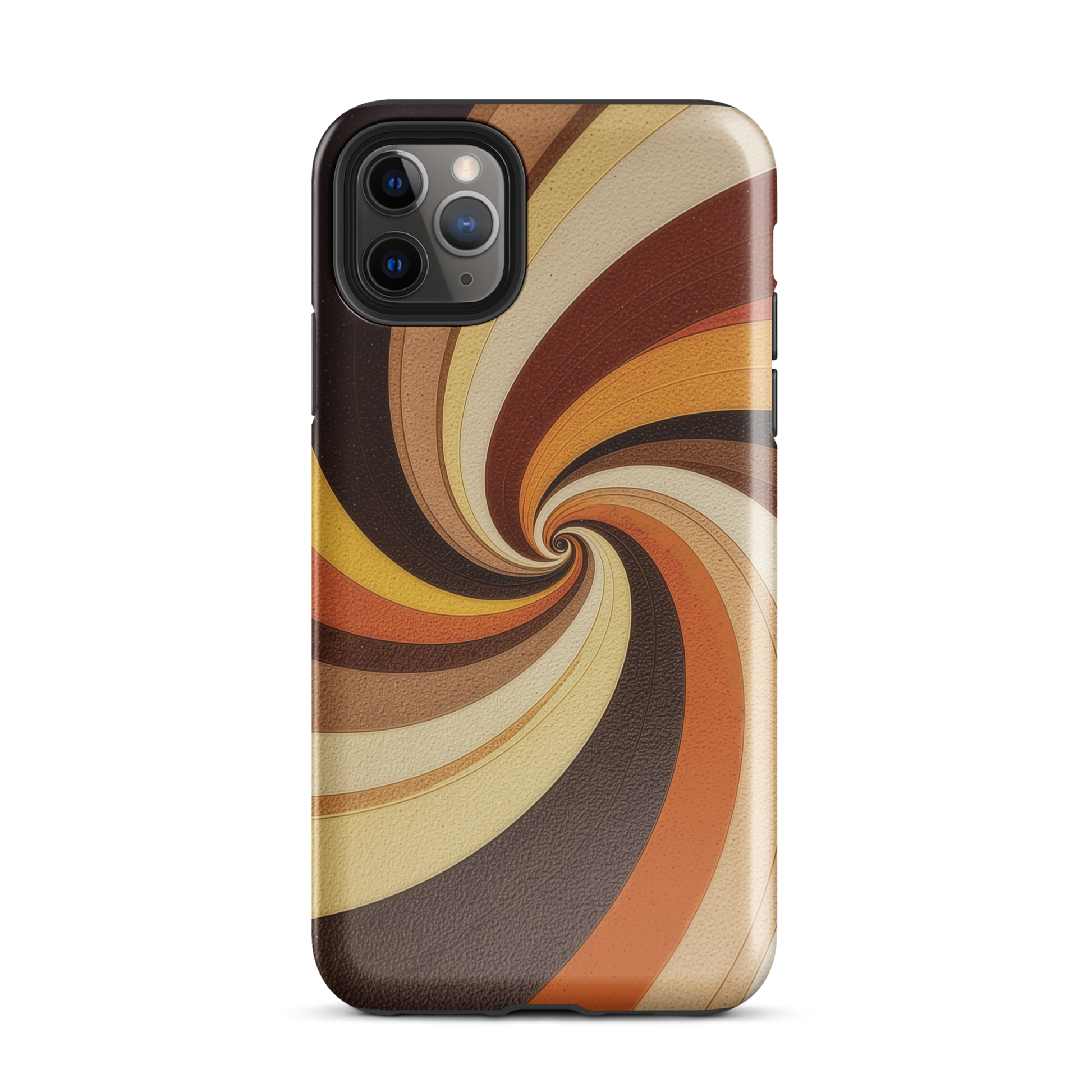 A retro-inspired phone case featuring warm swirling patterns in orange, yellow, and brown tones.
