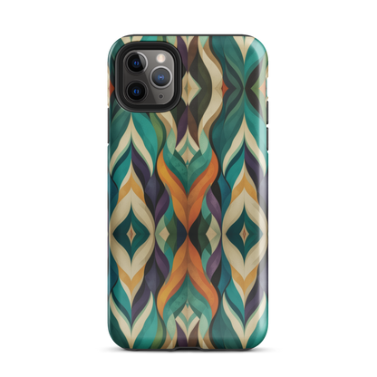 A bold geometric phone case featuring layered shapes in rich, earthy tones.
