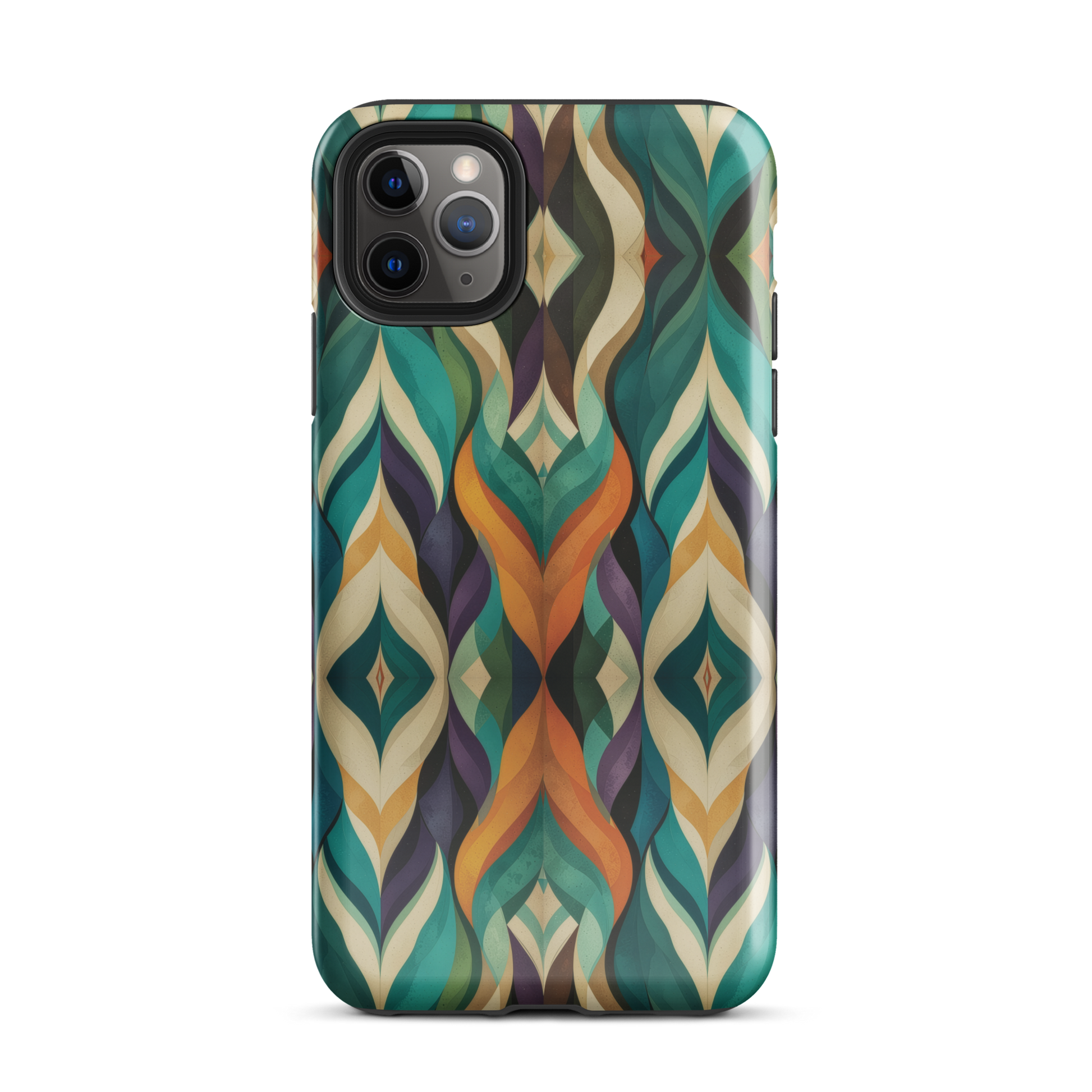 A bold geometric phone case featuring layered shapes in rich, earthy tones.