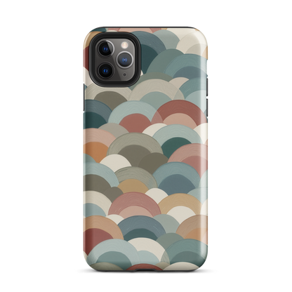 A soft retro-inspired phone case featuring layered arc shapes in warm, earthy tones.