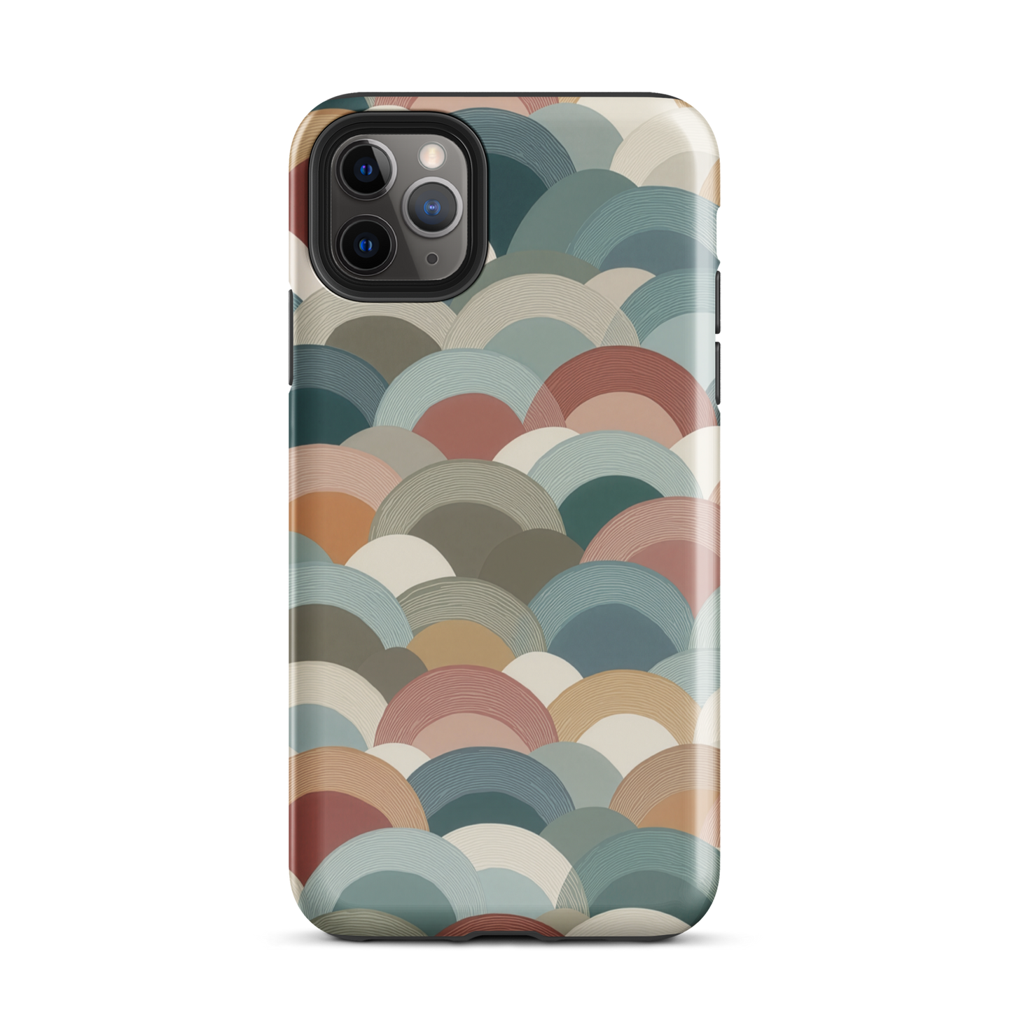 A soft retro-inspired phone case featuring layered arc shapes in warm, earthy tones.