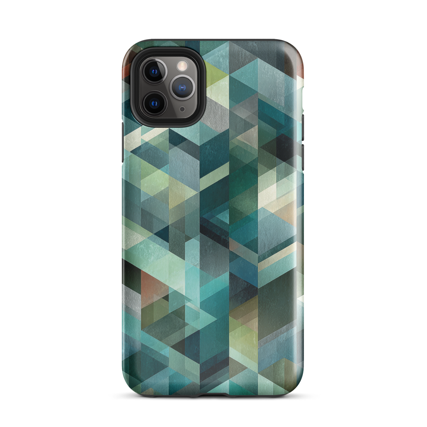Modern abstract geometric phone case in teal and blue tones with layered retro-inspired shapes.